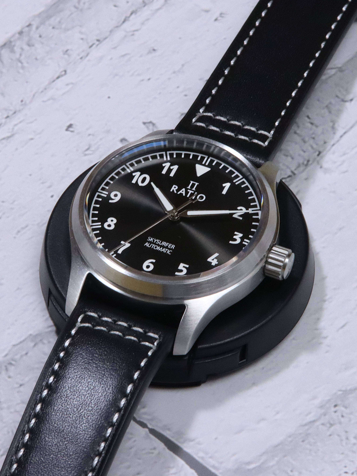 Ratio Skysurfer Pilot Black Sunray Dial Leather Automatic RTS305 200M Mens Watch