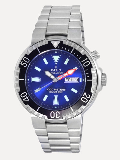 Ratio FreeDiver Blue Dial Stainless Steel Quartz 1050HA93-12V-BLU 1000M Mens Watch - Ratiowatches