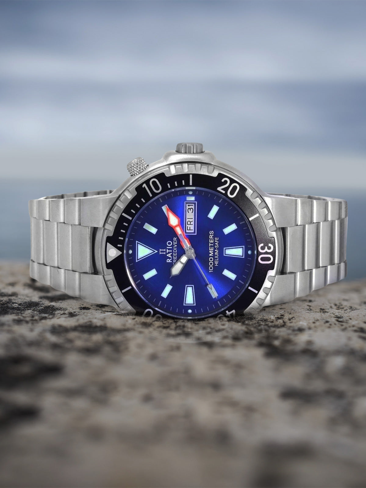 Ratio FreeDiver Blue Dial Stainless Steel Quartz 1050HA93-12V-BLU 1000M Mens Watch