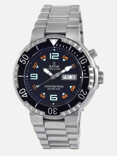 Ratio FreeDiver Black Dial Stainless Steel Quartz 1050HA93-19V-BLK 1000M Mens Watch - Ratiowatches