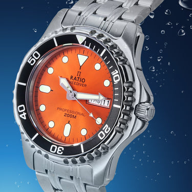 Ratio FreeDiver Professional Sapphire Sunray Orange Dial Quartz 36JL140-ORG 200M Men’s Watch - Ratiowatches