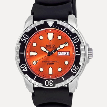 Ratio FreeDiver Orange Dial PU Strap Quartz 48HA90-02-ORG 500M Mens Watch - Ratiowatches