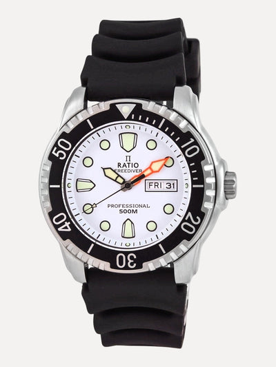 Ratio FreeDiver White Dial PU Strap Quartz 48HA90-02-WHT 500M Mens Watch - Ratiowatches