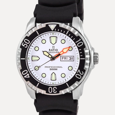 Ratio FreeDiver White Dial PU Strap Quartz 48HA90-02-WHT 500M Mens Watch - Ratiowatches