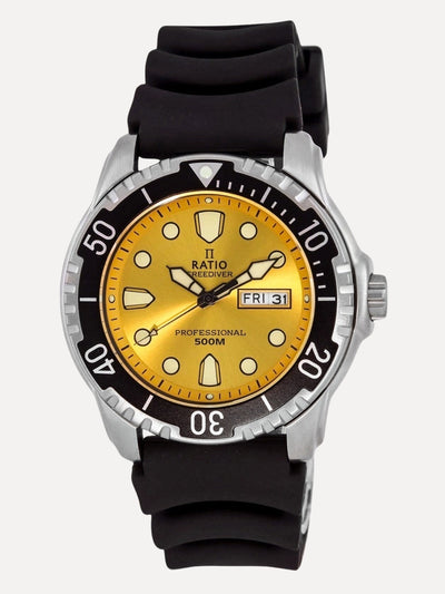 Ratio FreeDiver Yellow Dial PU Strap Quartz 48HA90-02-YLW 500M Mens Watch - Ratiowatches
