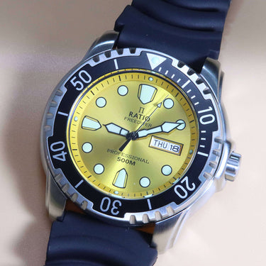Ratio FreeDiver Yellow Dial PU Strap Quartz 48HA90-02-YLW 500M Mens Watch - Ratiowatches