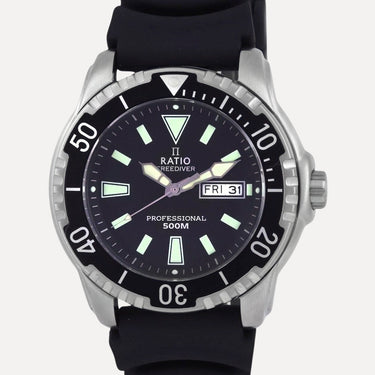 Ratio FreeDiver Black Dial PU Strap Quartz 48HA90-12-BLK 500M Mens Watch - Ratiowatches