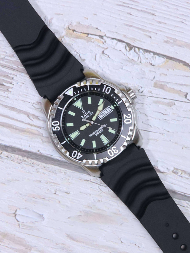 Ratio FreeDiver Black Dial PU Strap Quartz 48HA90-12-BLK 500M Mens Watch - Ratiowatches