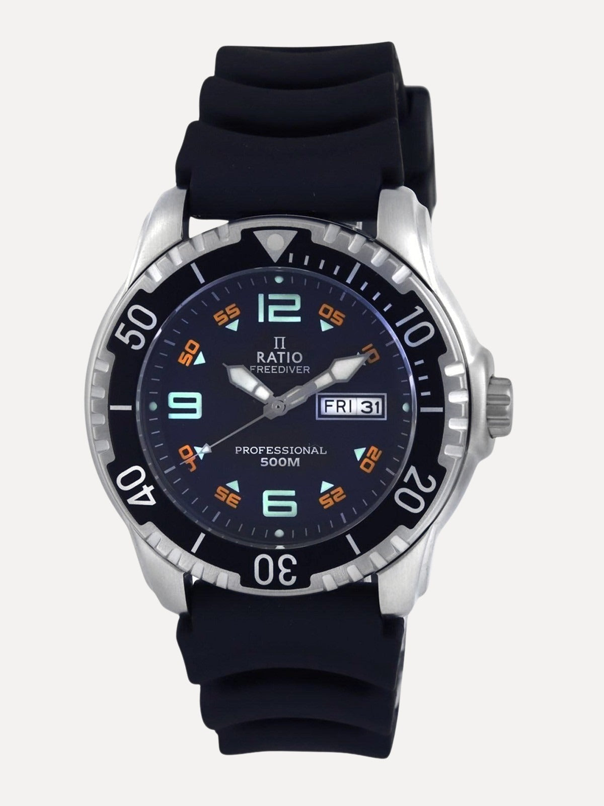 Ratio FreeDiver Black Dial PU Strap Quartz 48HA90-19-BLK 500M Mens Watch