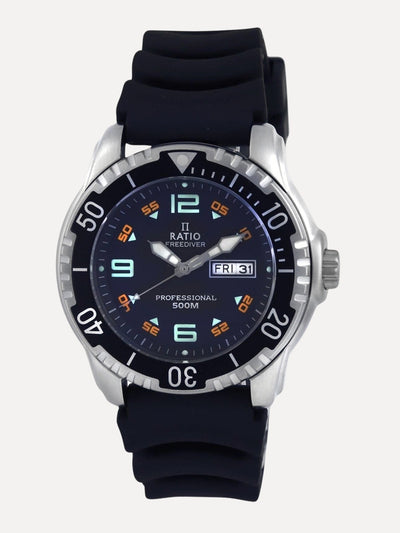 Ratio FreeDiver Black Dial PU Strap Quartz 48HA90-19-BLK 500M Mens Watch - Ratiowatches