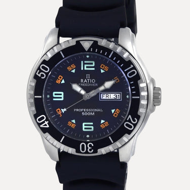 Ratio FreeDiver Black Dial PU Strap Quartz 48HA90-19-BLK 500M Mens Watch - Ratiowatches