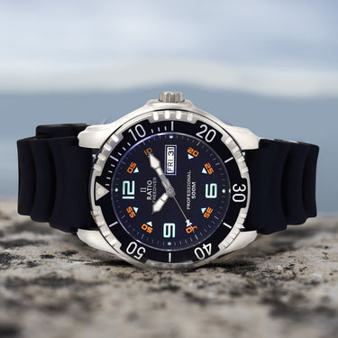 Ratio FreeDiver Black Dial PU Strap Quartz 48HA90-19-BLK 500M Mens Watch - Ratiowatches