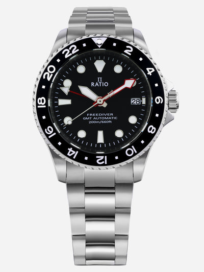 Ratio FreeDiver GMT Series Sapphire Stainless Steel Black Dial Automatic RTF051 200M Men's Watch - Ratiowatches