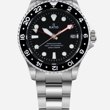 Ratio FreeDiver GMT Series Sapphire Stainless Steel Black Dial Automatic RTF051 200M Men's Watch - Ratiowatches