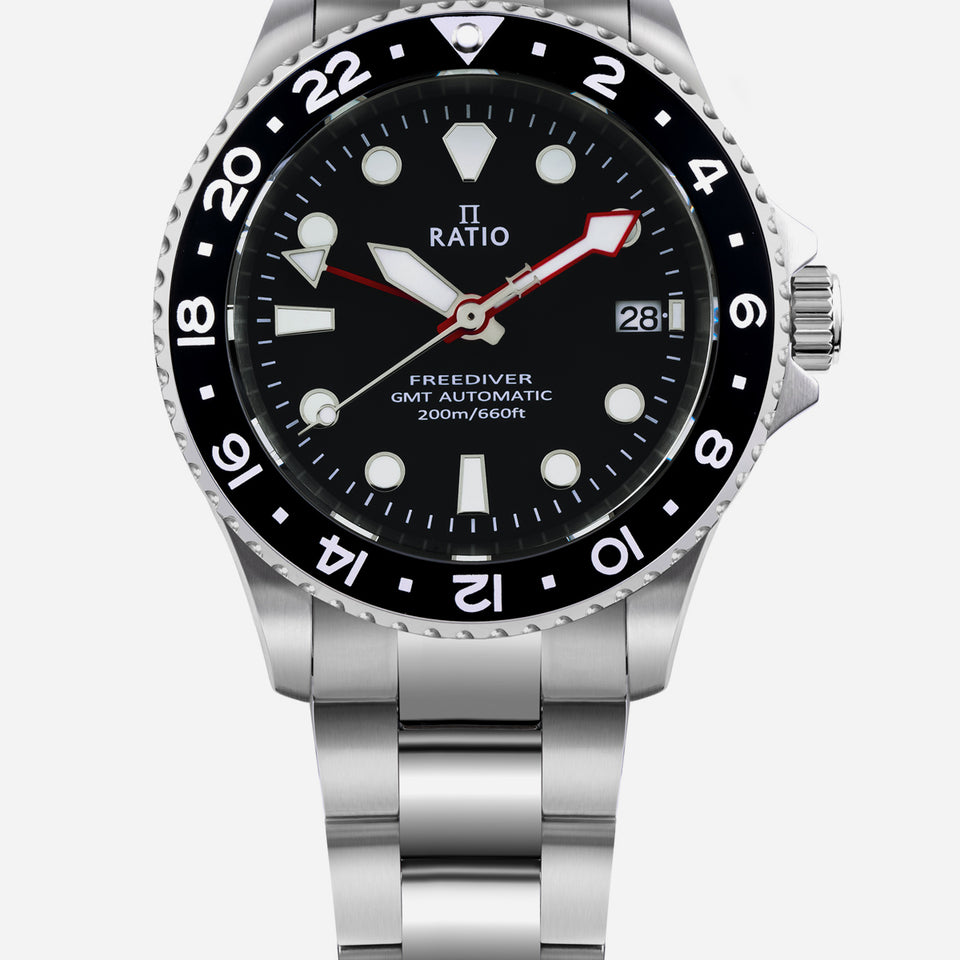 Ratio FreeDiver GMT Series Sapphire Stainless Steel Black Dial Automatic RTF051 200M Men's Watch