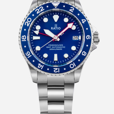 Ratio FreeDiver GMT Series Sapphire Stainless Steel Blue Dial Automatic RTF053 200M Men's Watch - Ratiowatches