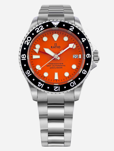 Ratio FreeDiver GMT Series Sapphire Stainless Steel Orange Dial Automatic RTF055 200M Men's Watch - Ratiowatches