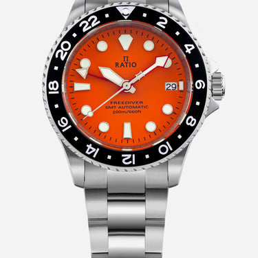 Ratio FreeDiver GMT Series Sapphire Stainless Steel Orange Dial Automatic RTF055 200M Men's Watch - Ratiowatches