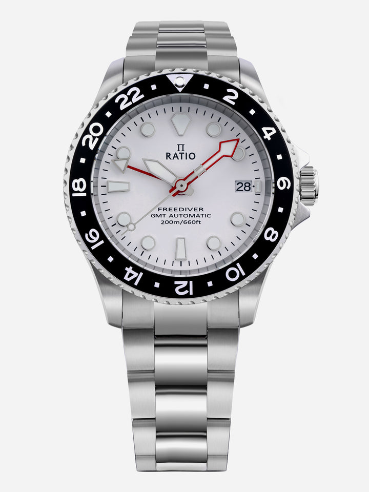 Ratio FreeDiver GMT Series Sapphire Stainless Steel White Dial Automatic RTF057 200M Men's Watch - Ratiowatches
