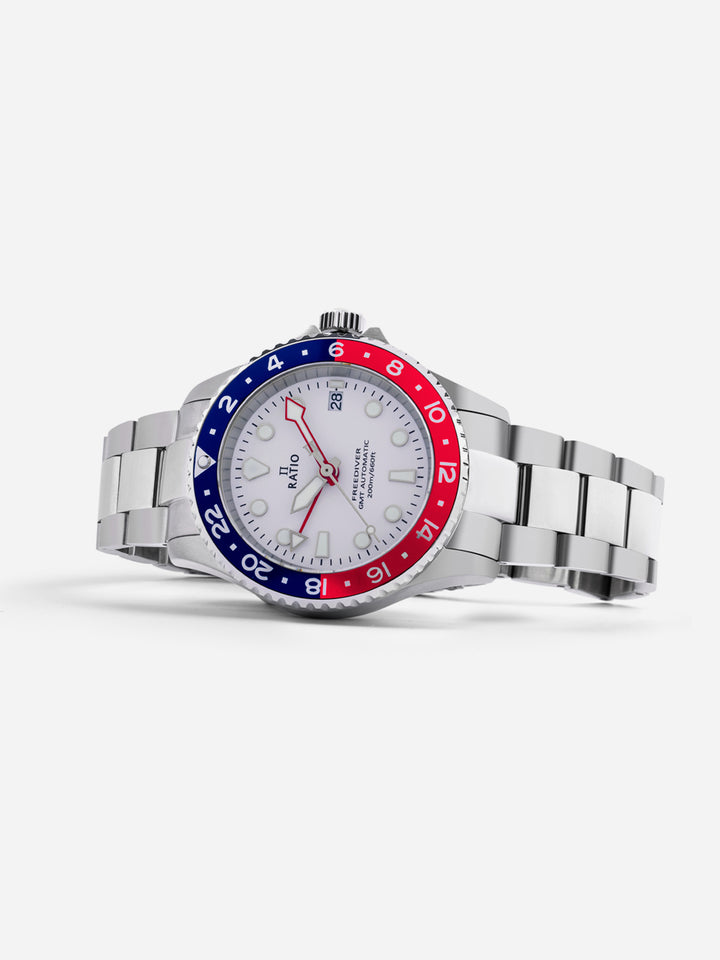 Ratio FreeDiver GMT Series Sapphire Stainless Steel White Dial Blue Red Pepsi Bezel Automatic RTF061 200M Men's Watch - Ratiowatches