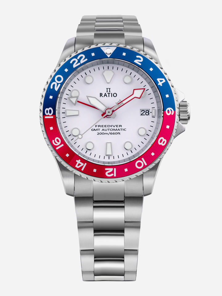 Ratio FreeDiver GMT Series Sapphire Stainless Steel White Dial Blue Red Pepsi Bezel Automatic RTF061 200M Men's Watch - Ratiowatches