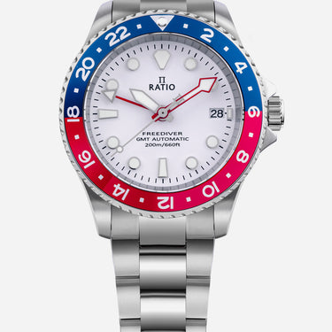 Ratio FreeDiver GMT Series Sapphire Stainless Steel White Dial Blue Red Pepsi Bezel Automatic RTF061 200M Men's Watch - Ratiowatches