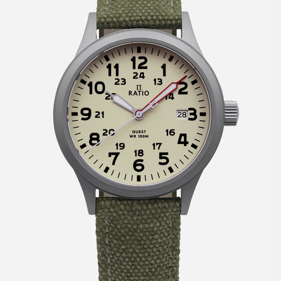 Ratio Quest Men's Field Watch Sapphire Canvas Strap Quartz RTQ019 100M Lewis And Clark Edition