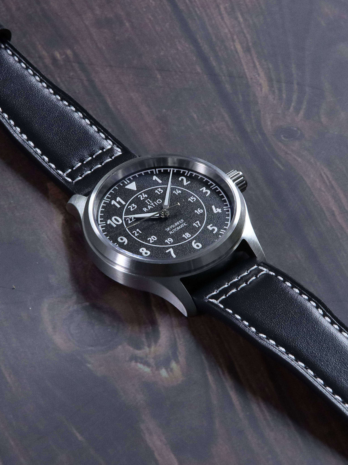 Ratio Skysurfer Pilot Black Textured Dial Leather Automatic RTS310 200M Mens Watch - Ratiowatches
