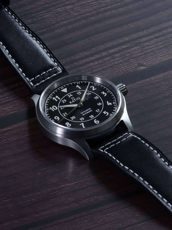 Ratio Skysurfer Pilot Black Sunray Dial Leather Automatic RTS314 200M Mens Watch - Ratiowatches