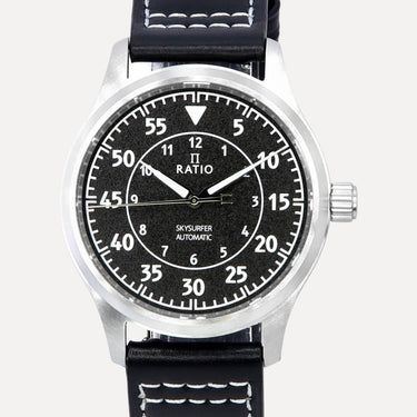Ratio Skysurfer Pilot Black Textured Dial Leather Automatic RTS320 200M Mens Watch - Ratiowatches
