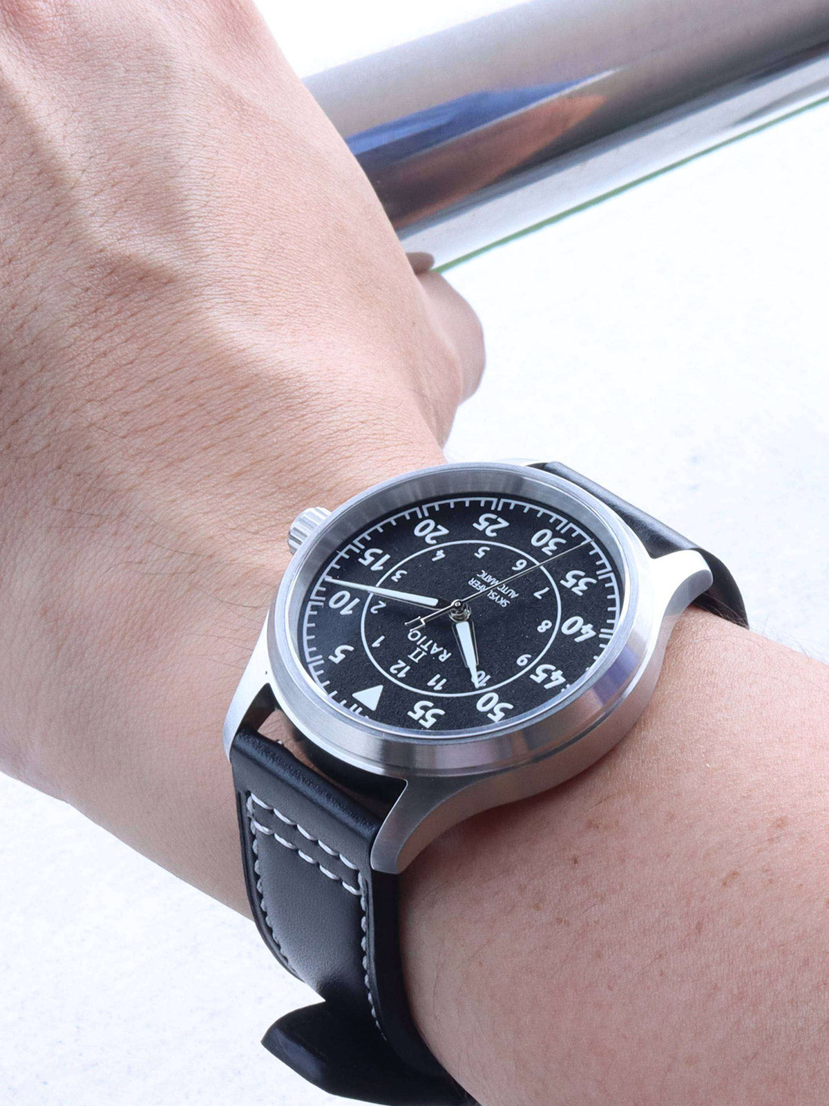 Ratio Skysurfer Pilot Black Textured Dial Leather Automatic RTS320 200M Mens Watch - Ratiowatches